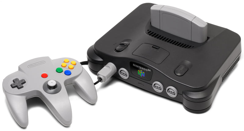 Nintendo 64 console and gray controller — public-domain photo by Evan-Amos