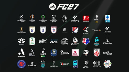 EA SPORTS FC 27 official authenticity graphic showing licensed leagues and competitions