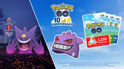 Official Pokémon GO 30th Celebration retail event promotional artwork featuring Mega Gengar and the Gengar Knit Cap