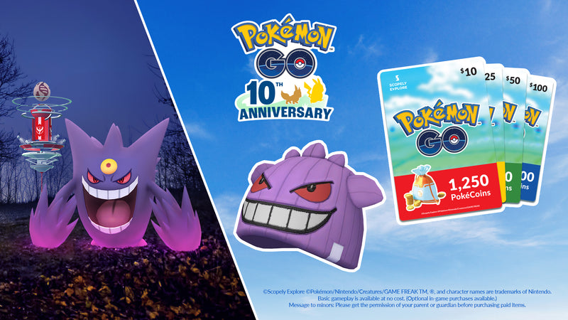 Official Pokémon GO 30th Celebration retail event promotional artwork featuring Mega Gengar and the Gengar Knit Cap