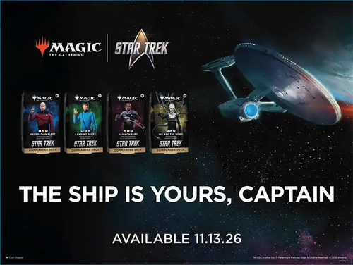 Official Wizards Play Network promotional image showing all four MTG Star Trek Commander decks and November 13 2026 release date