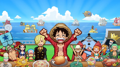 ONE PIECE Grand Gourmet official Bandai Namco artwork with Luffy, Sanji and the Straw Hat Crew gathered around food
