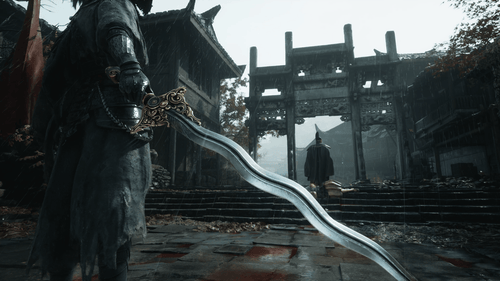 Phantom Blade Zero official PlayStation Blog key art showing a curved sword in a ruined Wulin courtyard.