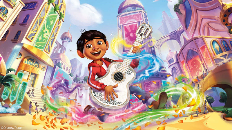 Official Disney Lorcana Hyperia City promotional art with Miguel Rivera playing guitar in a colorful city