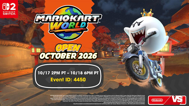 Official Mario Kart World Open October 2026 Nintendo event banner with King Boo and Event ID 4450