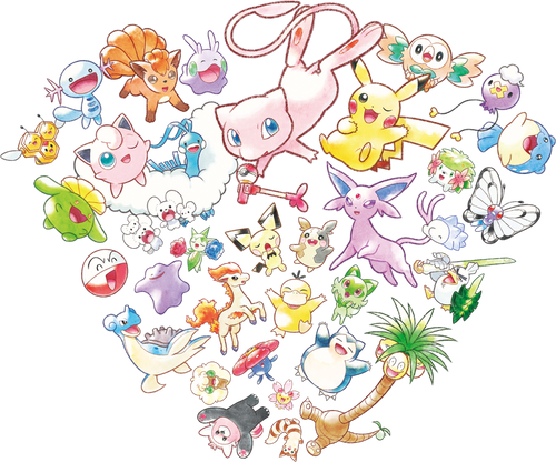 Official Pokémon 30th anniversary artwork featuring Pikachu, Mew, and other Pokémon