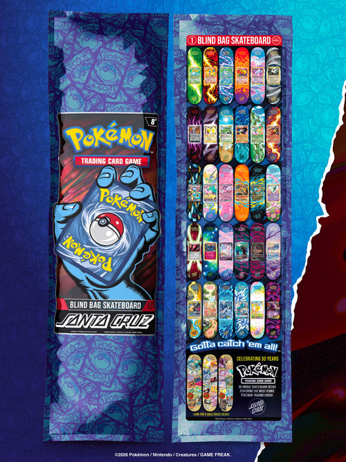 Pokémon TCG x Santa Cruz 2026 blind bag skateboard lineup — official Santa Cruz promotional image