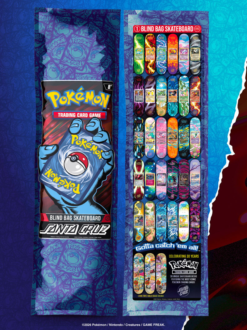 Pokémon TCG x Santa Cruz 2026 blind bag skateboard lineup — official Santa Cruz promotional image