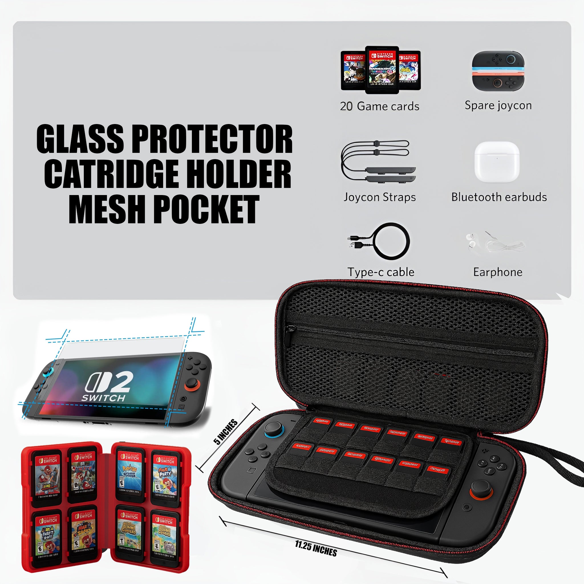 HYPE GAMER GEAR Protective Carry Case for Nintendo Switch 2 – Free Tempered Glass Screen Protector & Free Game Card Holder – Shockproof, Travel Friendly Premium Bundle