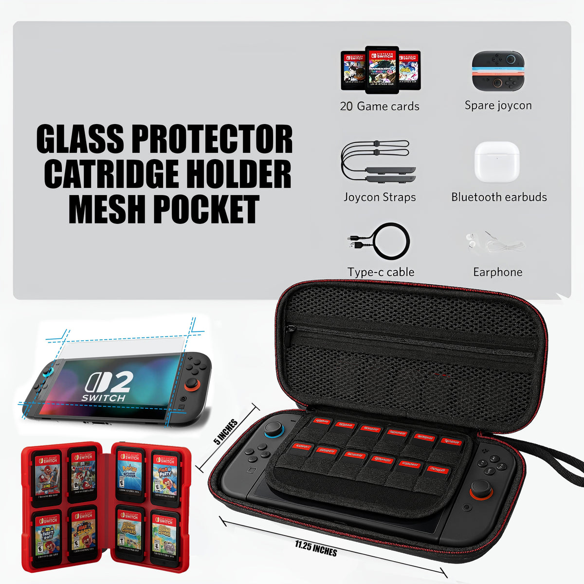 Nintendo Switch 2 Carry Case Bundle | Screen Protector + Game Card Holder