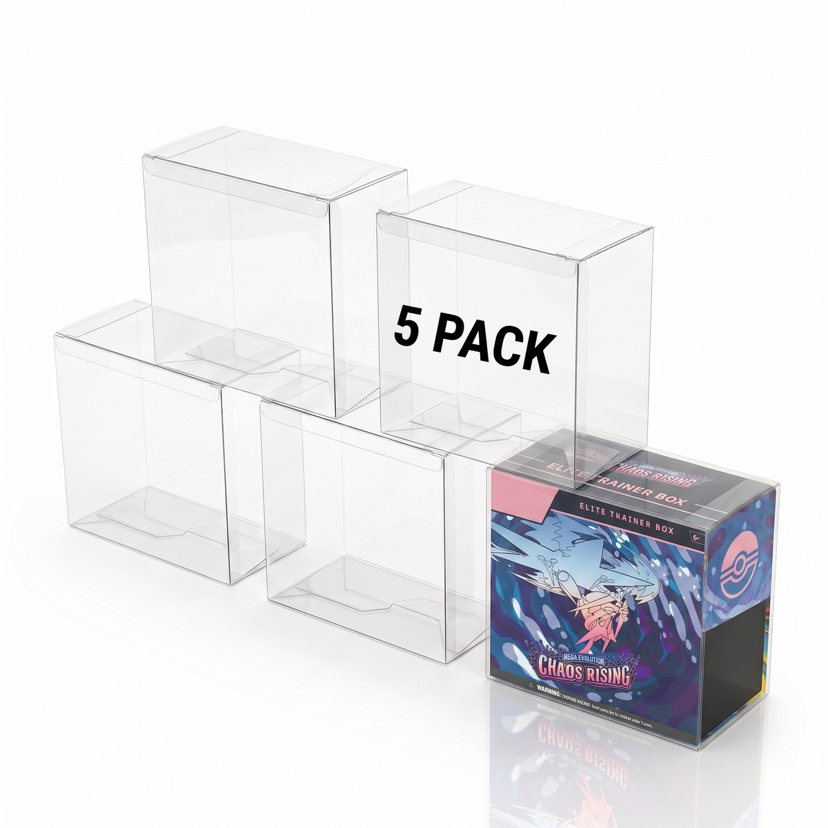 5-pack clear PET protectors compatible with Pokémon Elite Trainer Boxes; ETB not included